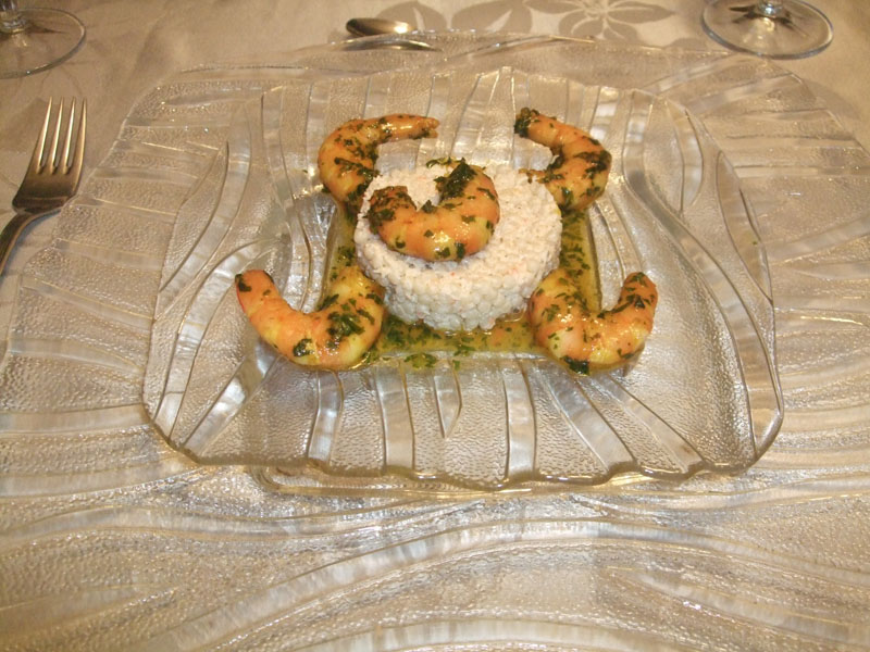 Gambas marinées et pâtes perlées